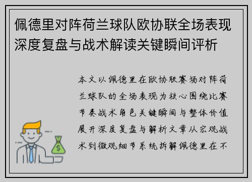 佩德里对阵荷兰球队欧协联全场表现深度复盘与战术解读关键瞬间评析